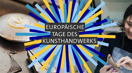 Kunsthandwerkerin mit Kunsthandwerk und dem Logo der Europäischen Tage des Kunsthandwerk 2022