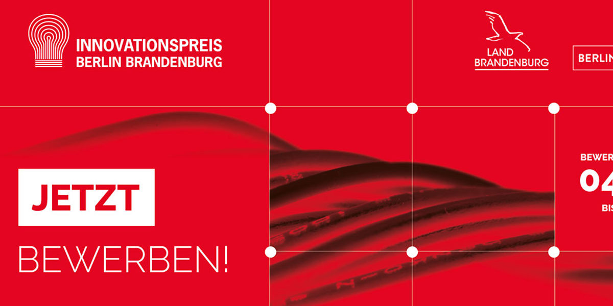 Rote Grafik mit Schrift darauf: Innovationspreis Berlin Brandenburg 2022 - jetzt bewerben