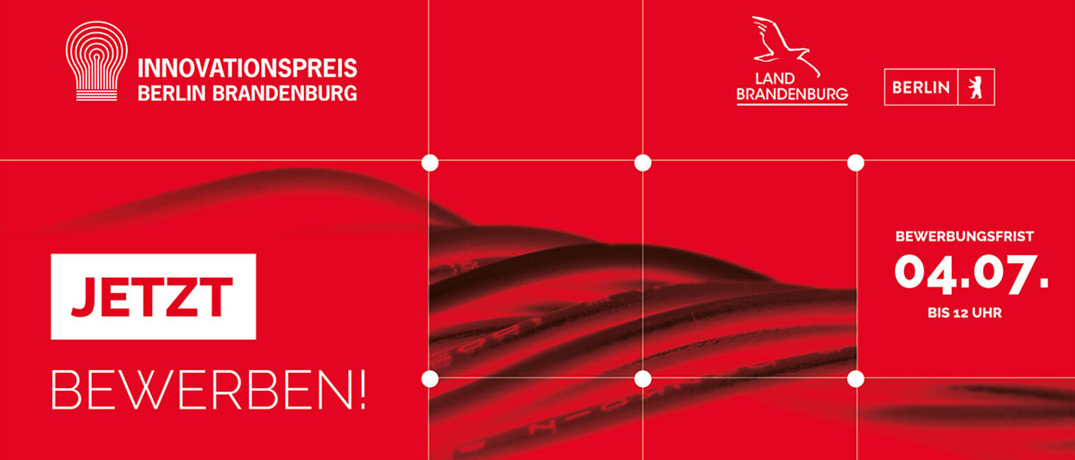 Rote Grafik mit Schrift darauf: Innovationspreis Berlin Brandenburg 2022 - jetzt bewerben