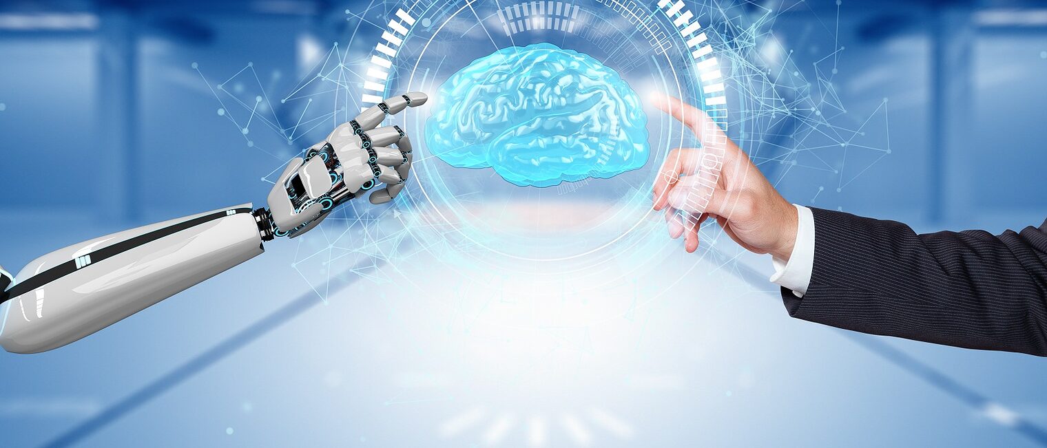 Roboter, Gehirn, Hand, Hände, Hologramm, KI, künstliche Intelligenz, Technologie, Computer, Netzwerk Programmierung, Digital