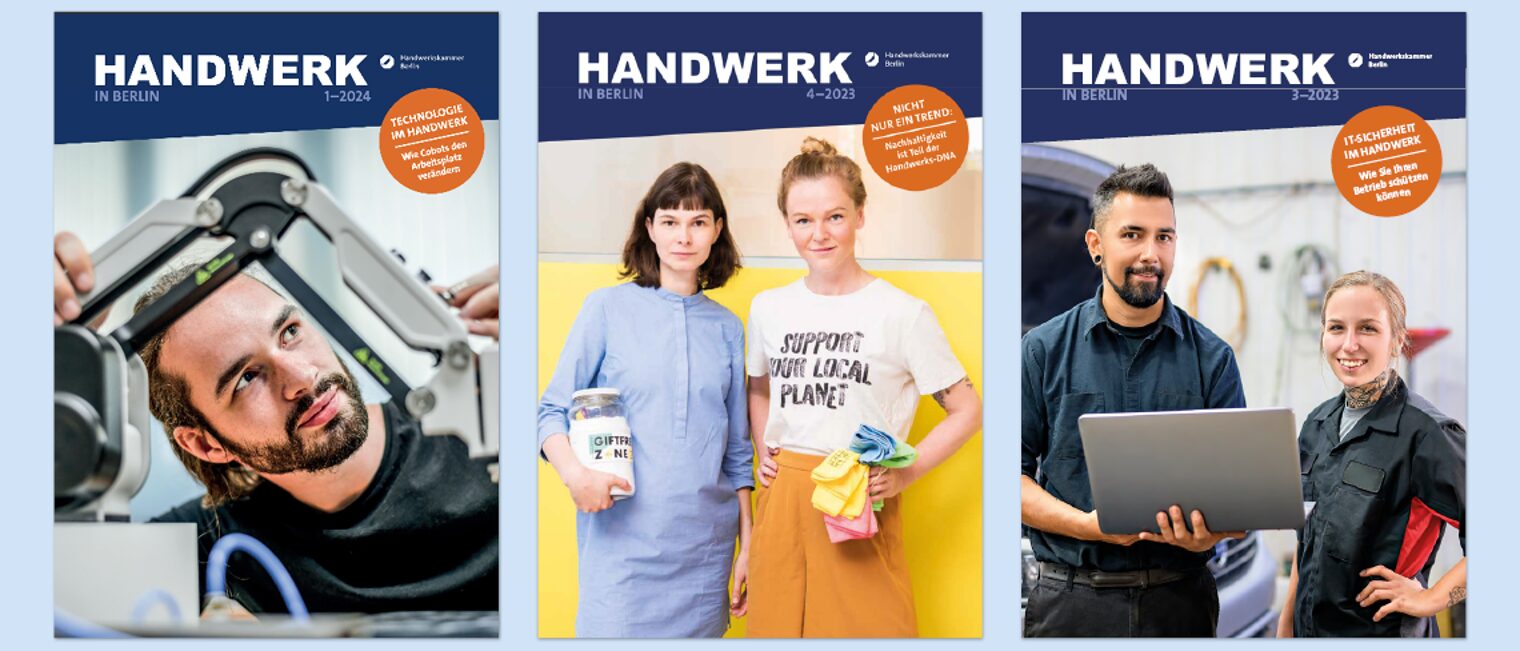 Fotocollage der Titelbilder der aktuellen Ausgaben des Magazins HANDWERK IN BERLIN der Handwerkskammer Berlin.