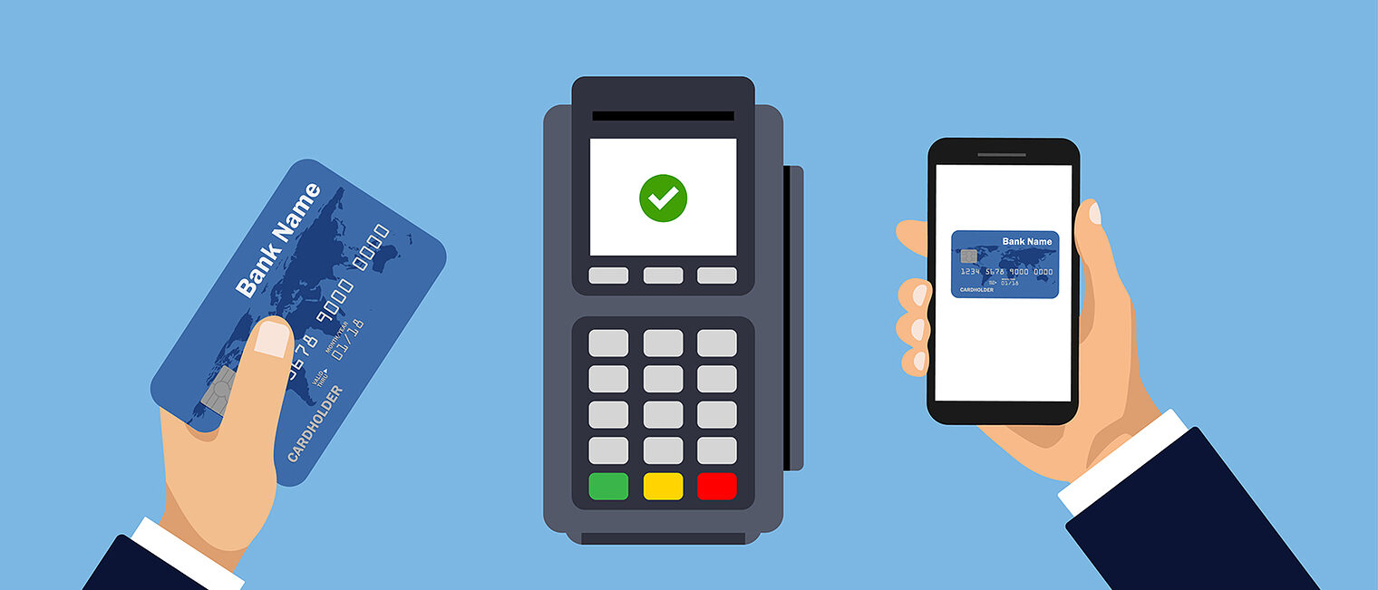 Symbolbild für eine bargeldlose Zahlweise Grafik mit einer Kreditkarte, einen Kartenlesegerät und einem Smartphone mit Online-Banking-App - Symbolbild für eine bargeldlose Zahlweise
