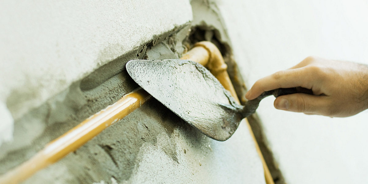 Maurerkelle, Reparatur, Verputzen, Werkzeug, Putz, Rohrleitung, Hand, Wand, Handwerker, Handwerk
