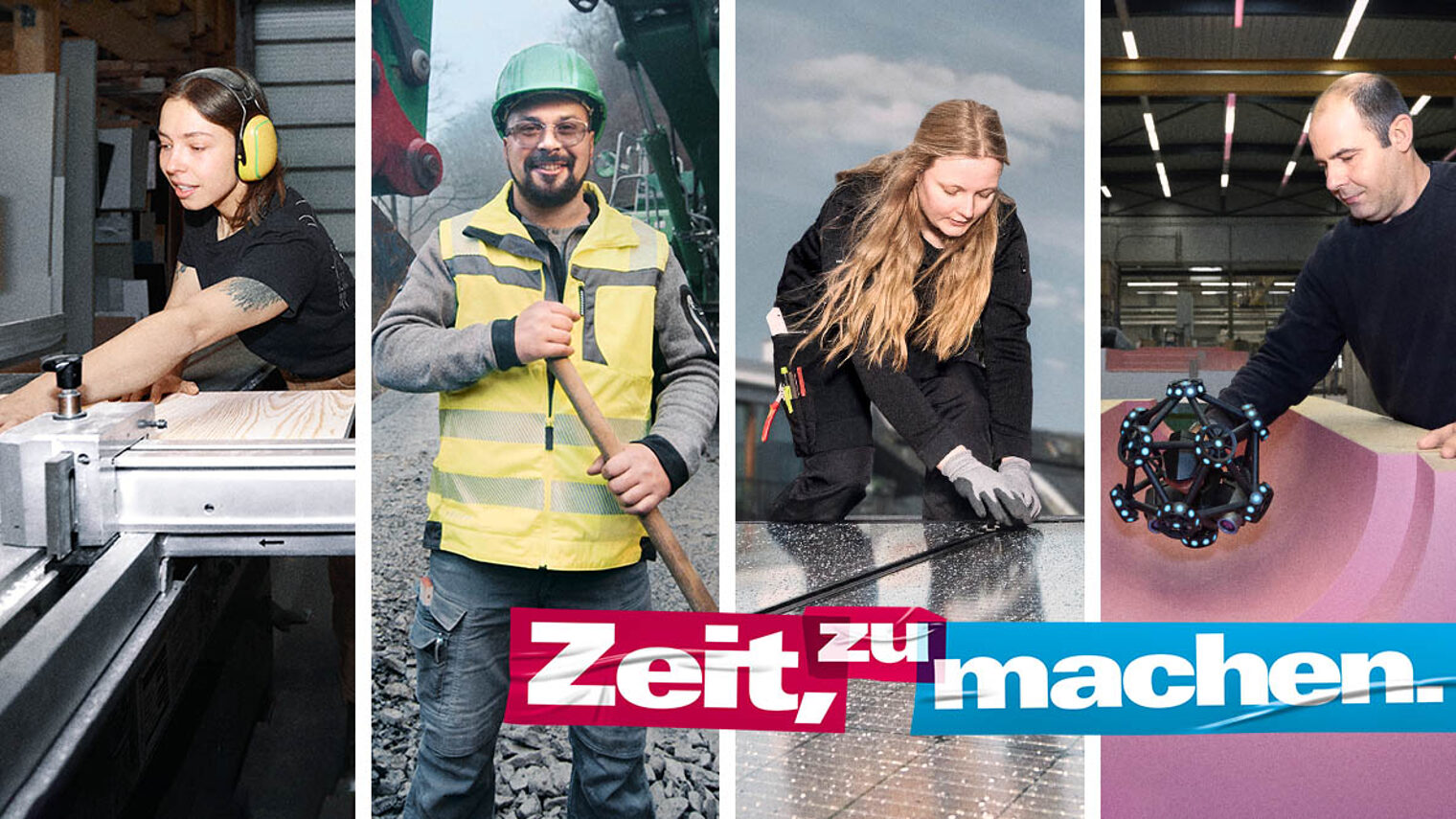 Vier Handwerker*innen bei der Arbeit und die Aufschrift: Zeit, zu machen.