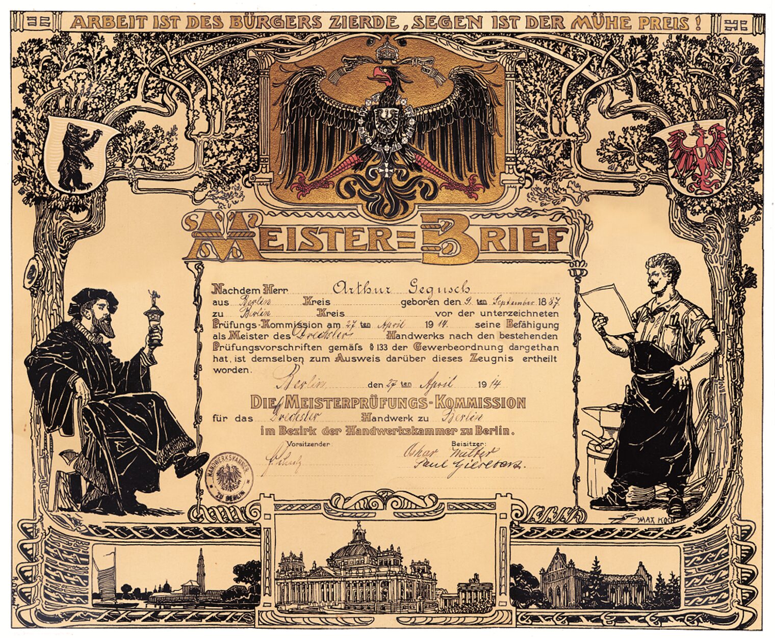 Meisterbrief von Arthur Gegusch, 1914