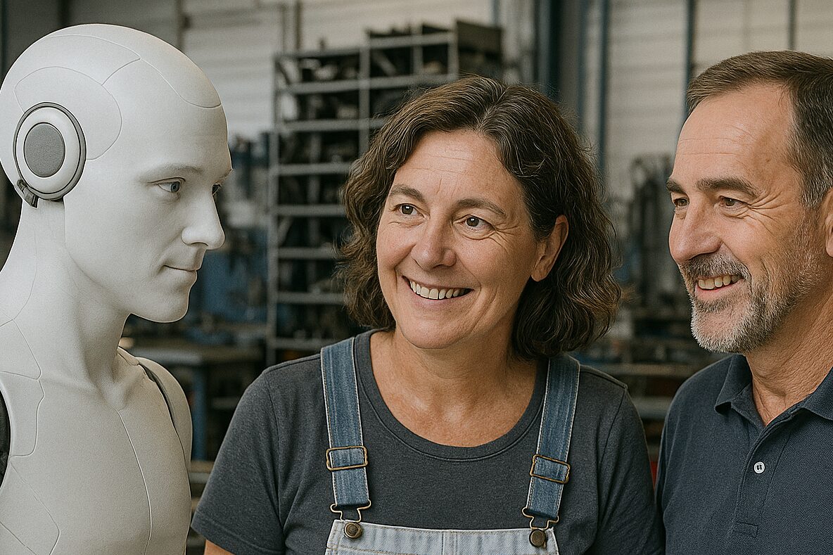 Die Titelgrafik der KI-Tage im Handwerk Berlin am 23. und 24.09.2025 zeigt einen Handwerker und eine Handwerkerin im Gespräch mit einem Humanoiden/Roboter, der hier symbolisch für eine KI steht.