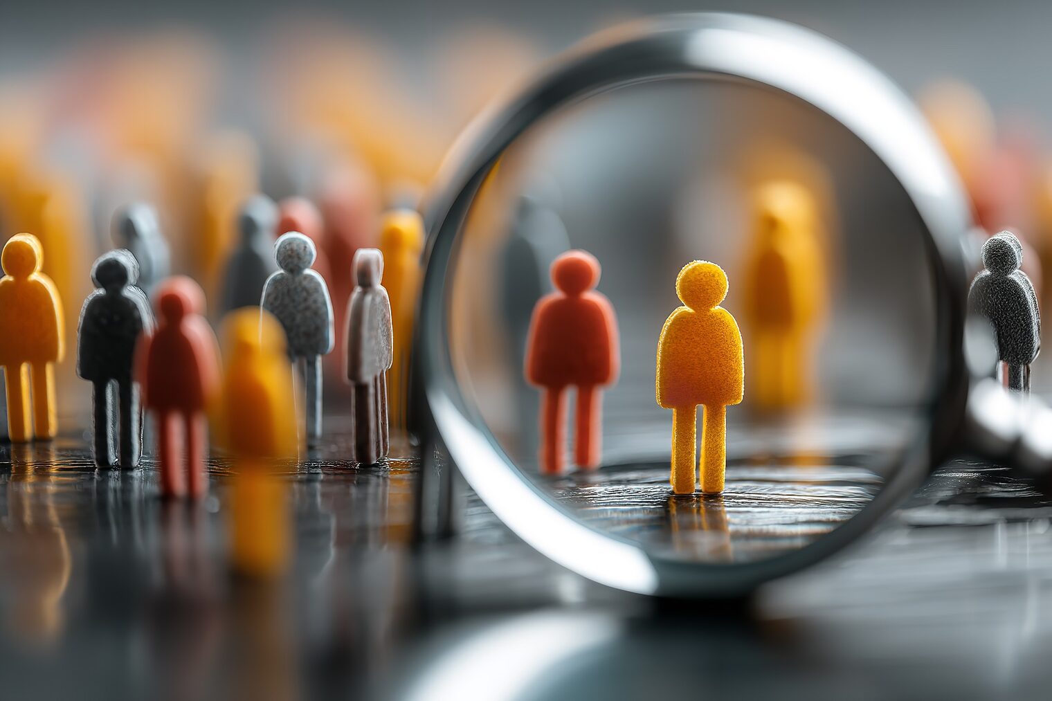 Die Führungsperson ist von verschiedenen Mitarbeitenden umgeben, die sich innerhalb einer Lupe befinden. Generative KI