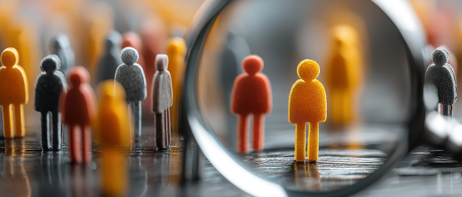 Die Führungsperson ist von verschiedenen Mitarbeitenden umgeben, die sich innerhalb einer Lupe befinden. Generative KI