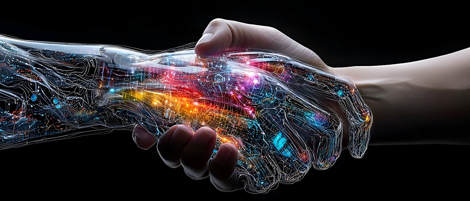 Menschliches Händeschütteln mit einem digitalen Partner: Eine farbenfrohe abstrakte Darstellung der technologischen Zusammenarbeit
