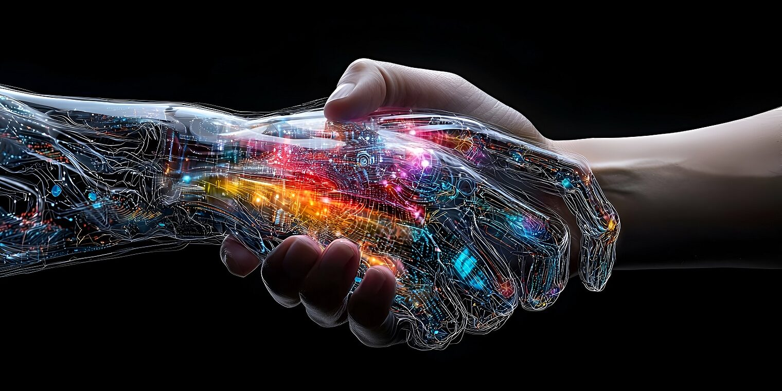Menschliches Händeschütteln mit einem digitalen Partner: Eine farbenfrohe abstrakte Darstellung der technologischen Zusammenarbeit
