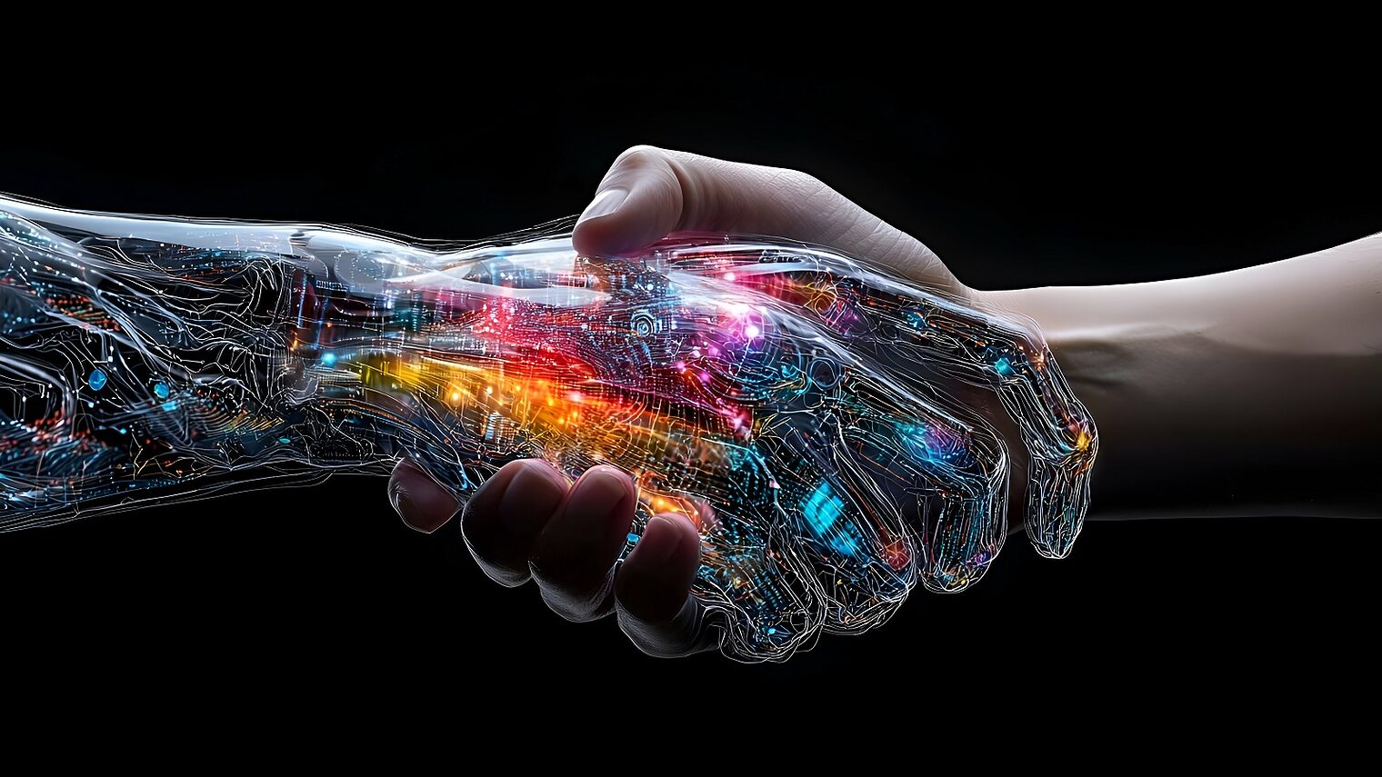 Menschliches Händeschütteln mit einem digitalen Partner: Eine farbenfrohe abstrakte Darstellung der technologischen Zusammenarbeit