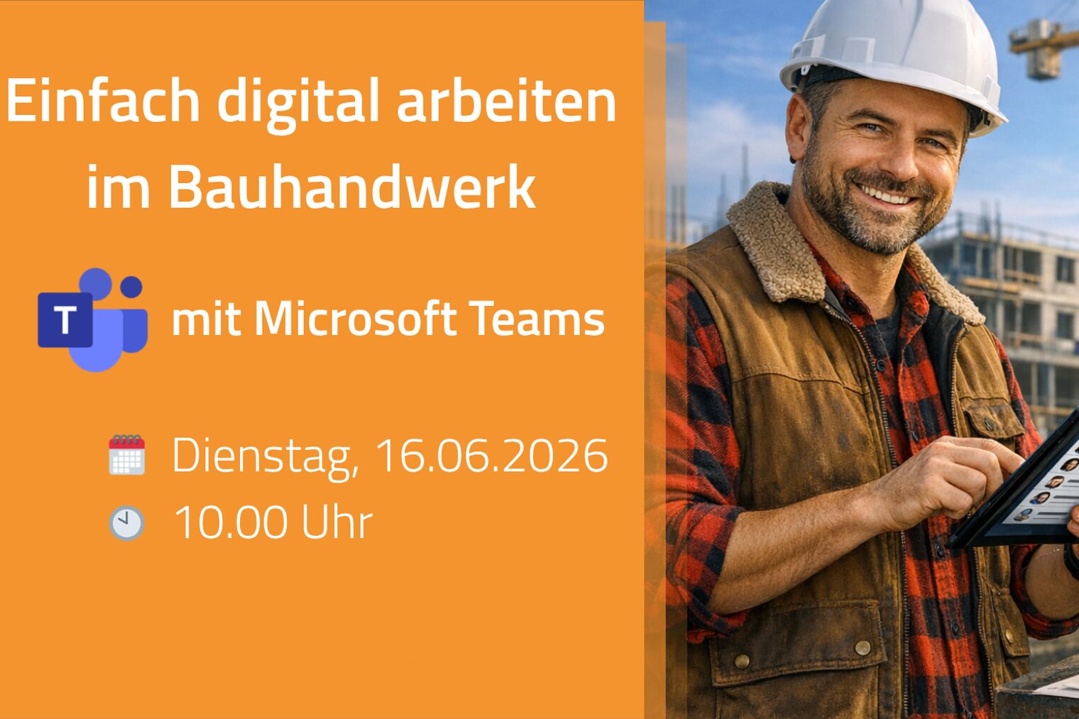 Titelgrafik zum bundesweiten Webinar "Einfach digital arbeiten im Bauhandwerk mit Microsoft Teams"