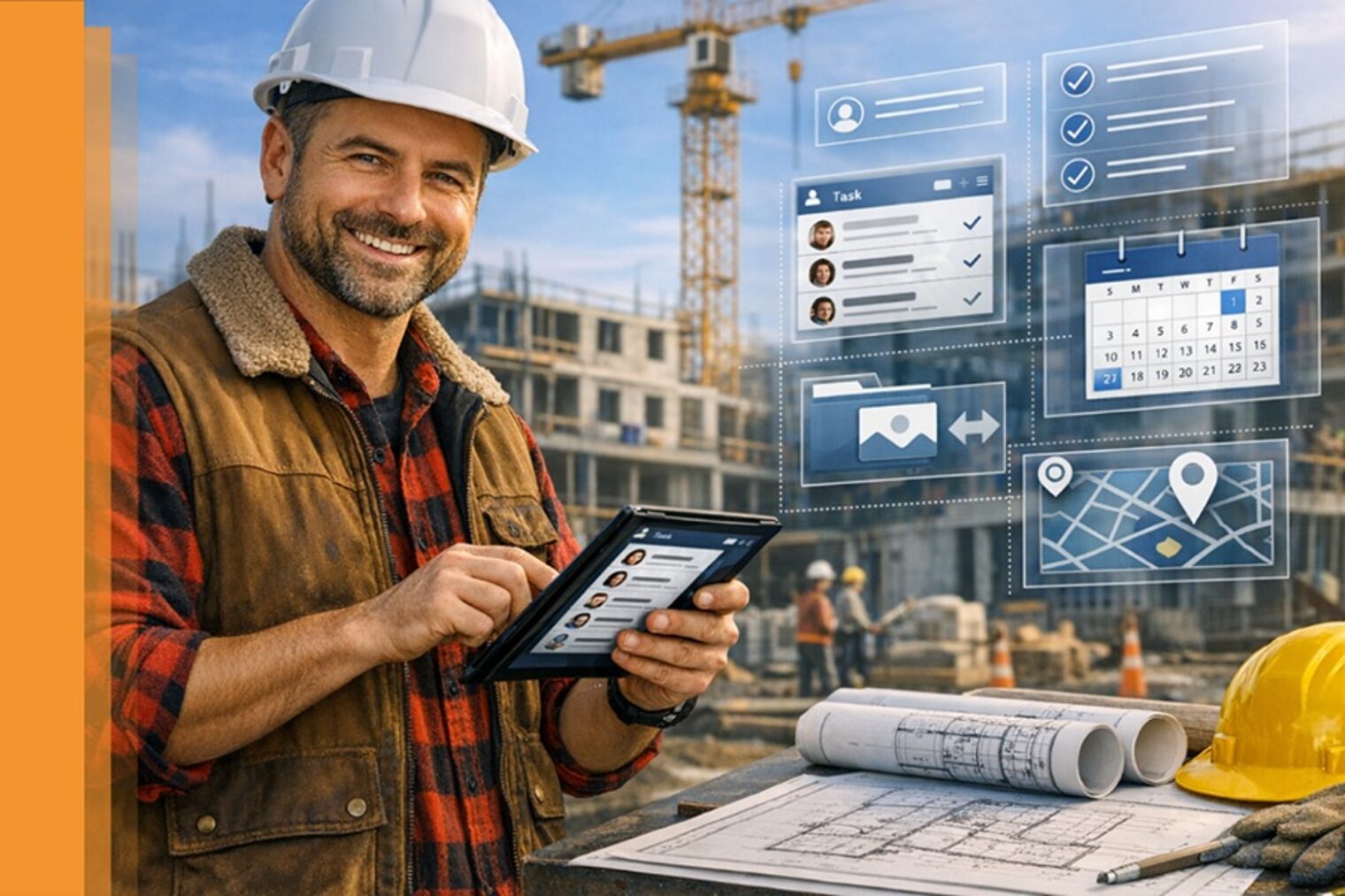 Einfach digital arbeiten, Bauarbeiter mit IPad