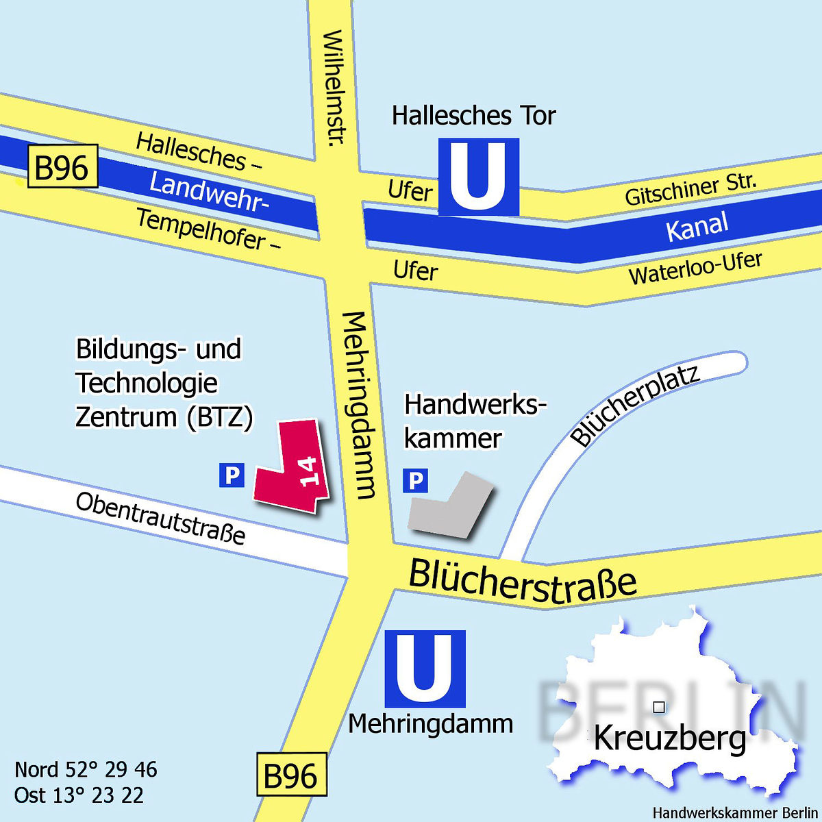 Lageplan Bildungs- und Technologiezentrum der Handwerkskammer Berlin sowie Handwerkskammer Berlin Kreuzberg