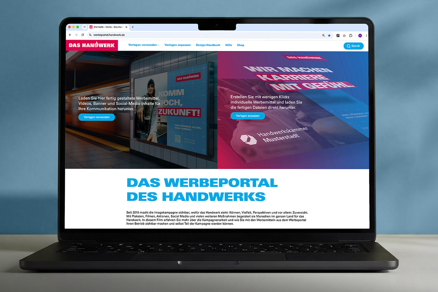 Laptop mit der Werbung für das neue Werbeportal des Handwerks auf dem Bildschirm