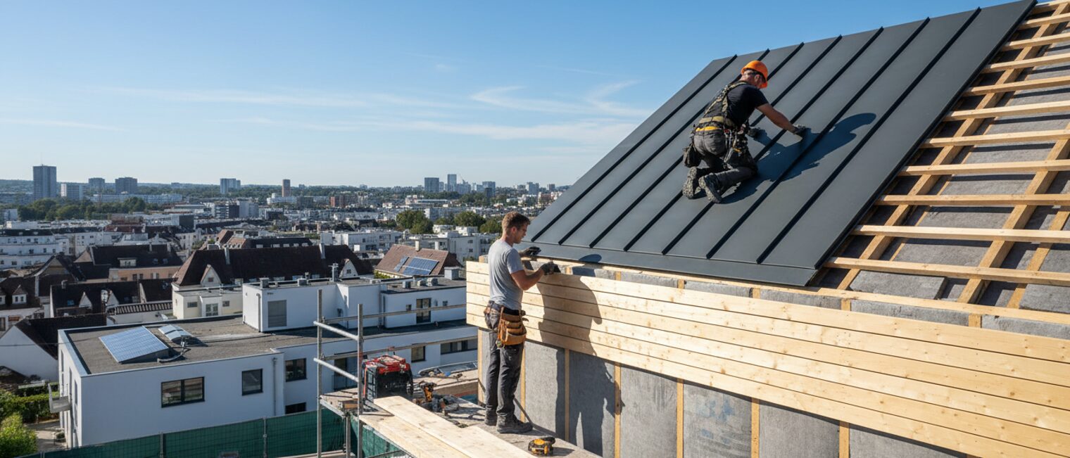 Titelgrafik zum Webinar QNG: zeigt Handwerker, die an einer Neubaufassade und auf dem Dach eines Holzhauses arbeiten.