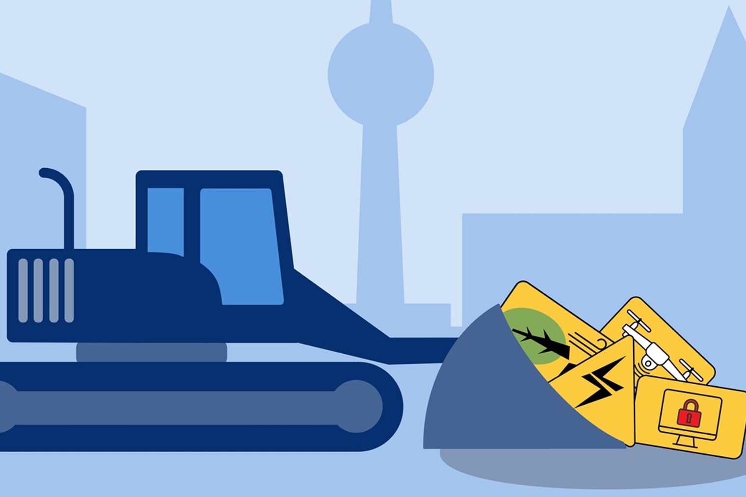Grafik: Ein Bagger schaufelt kleine Schilder mit Gefahrensymbolen zusammen.