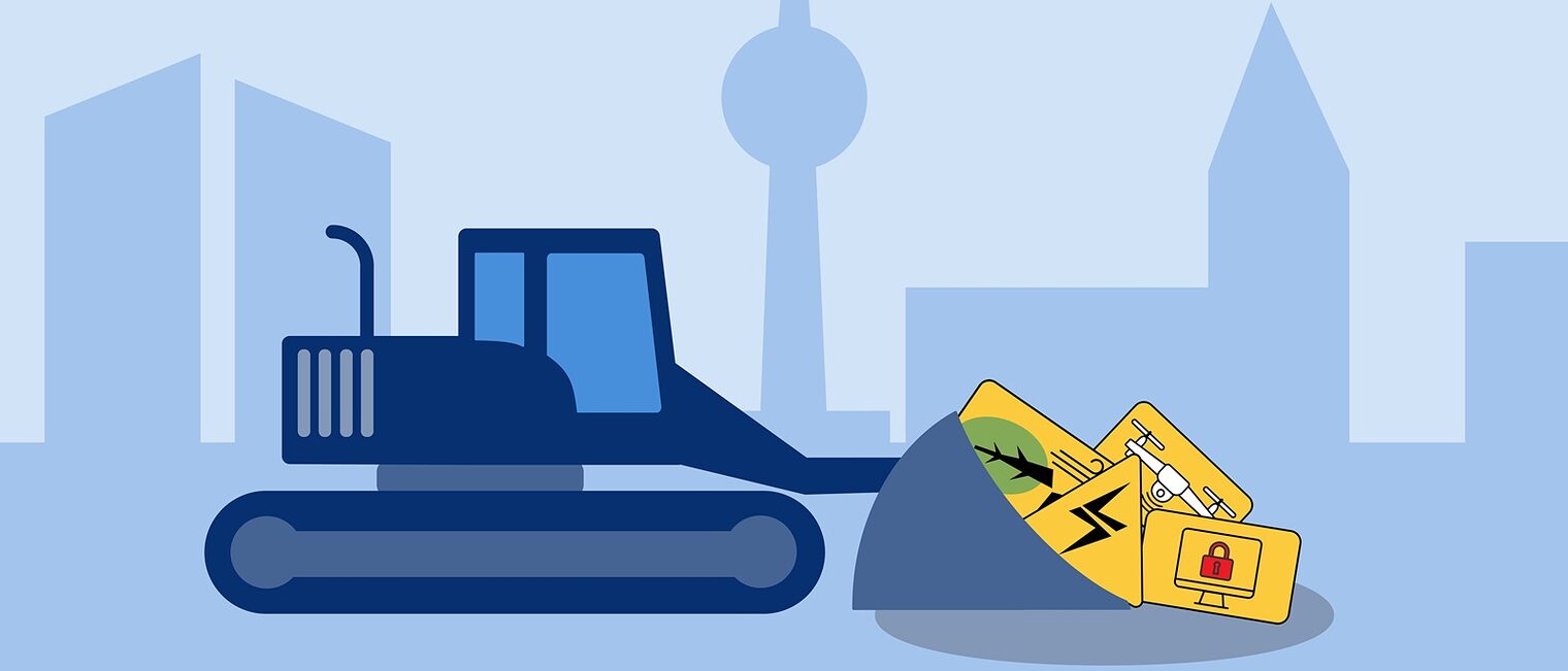 Grafik: Ein Bagger schaufelt kleine Schilder mit Gefahrensymbolen zusammen.