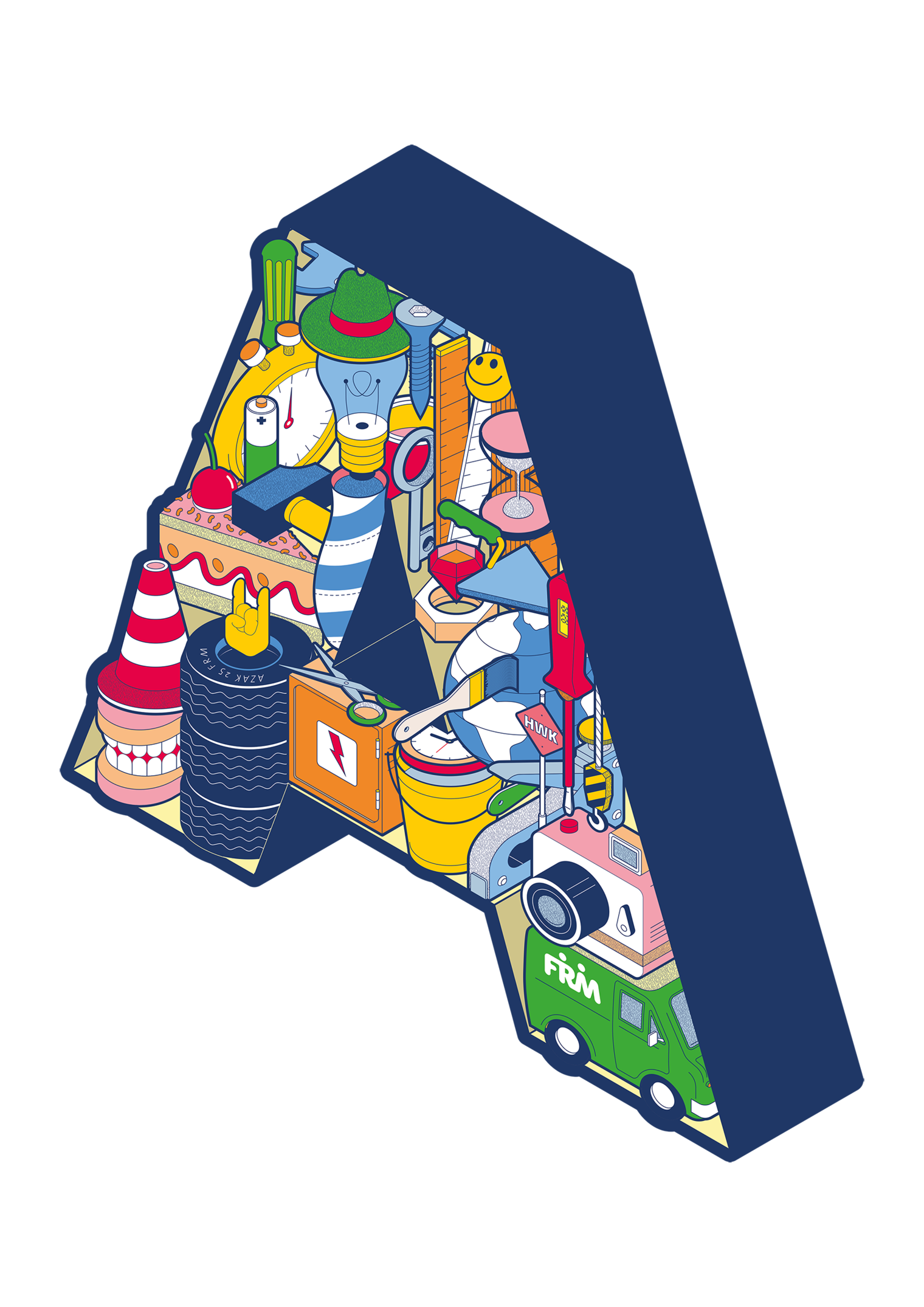 Illustriertes A als Logo der Azubi Akademie, bunt, das A ist wie ein Regal mit Werkzeug gefüllt