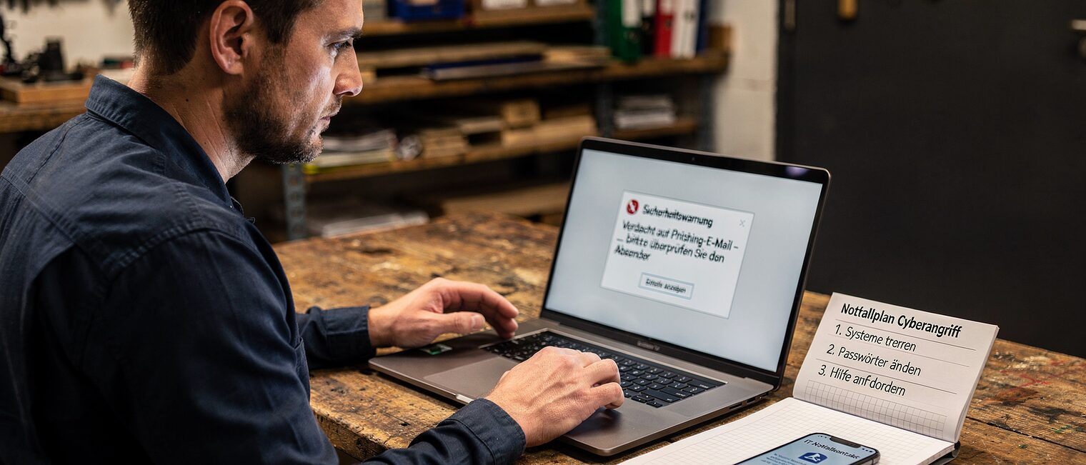 Titelgrafik zum Webinar "Cyberangriff im Betrieb" am 14.10.2026