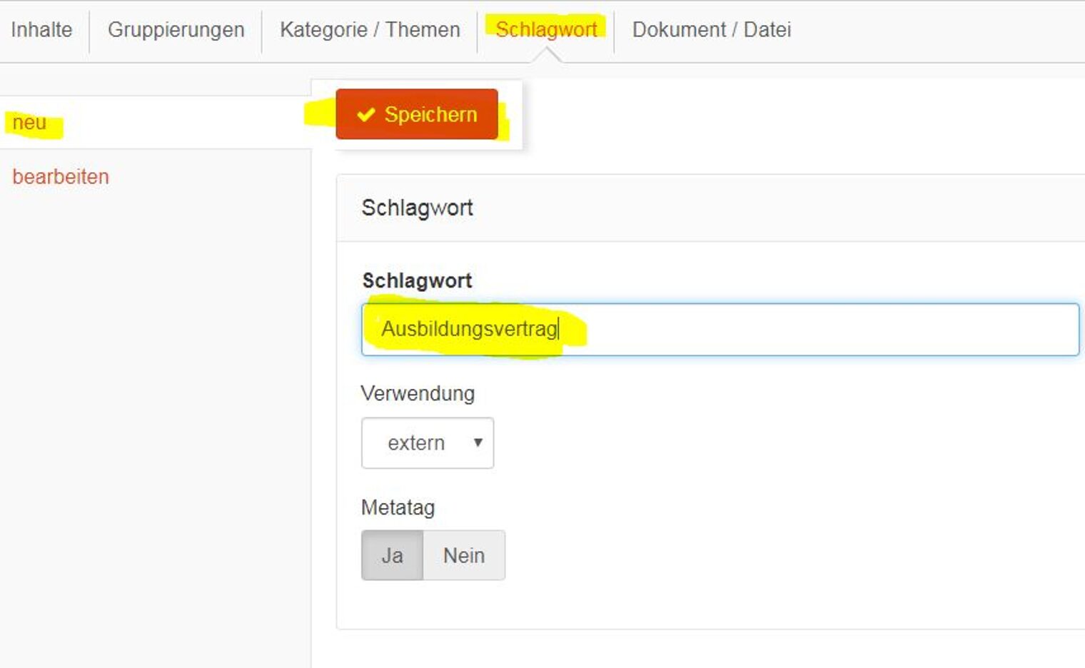 Screenshot: Im WCC Schlagworte anlegen