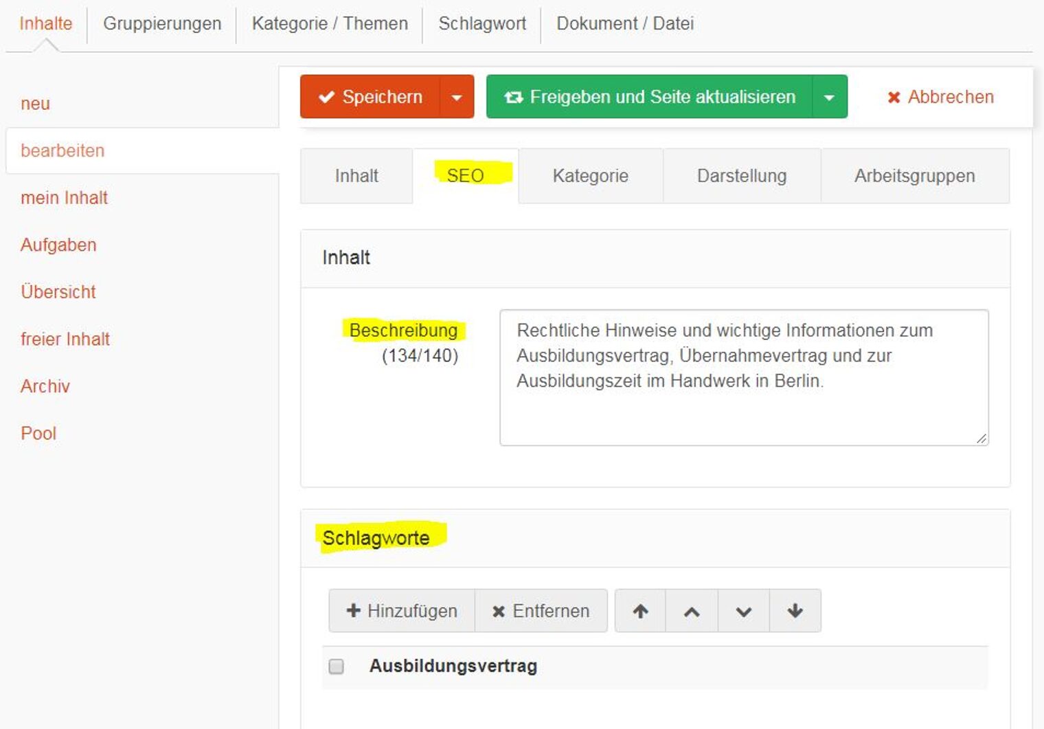 Screenshot: Schlagworte und Beschreibung im WCC eingeben