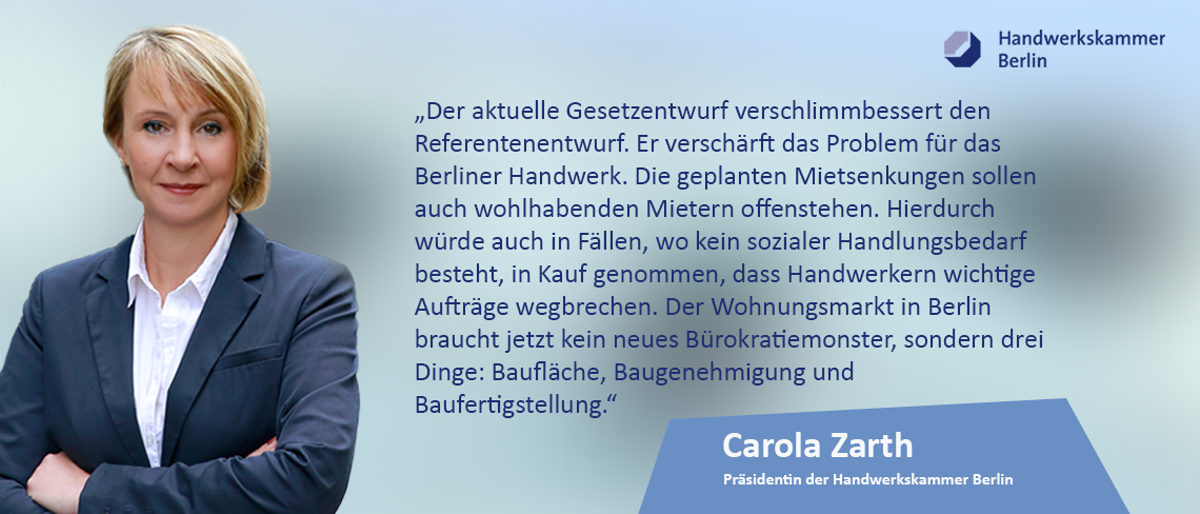 Mietendeckel, Berliner Handwerk, Handwerkskammer Berlin, Präsidentin, Statement