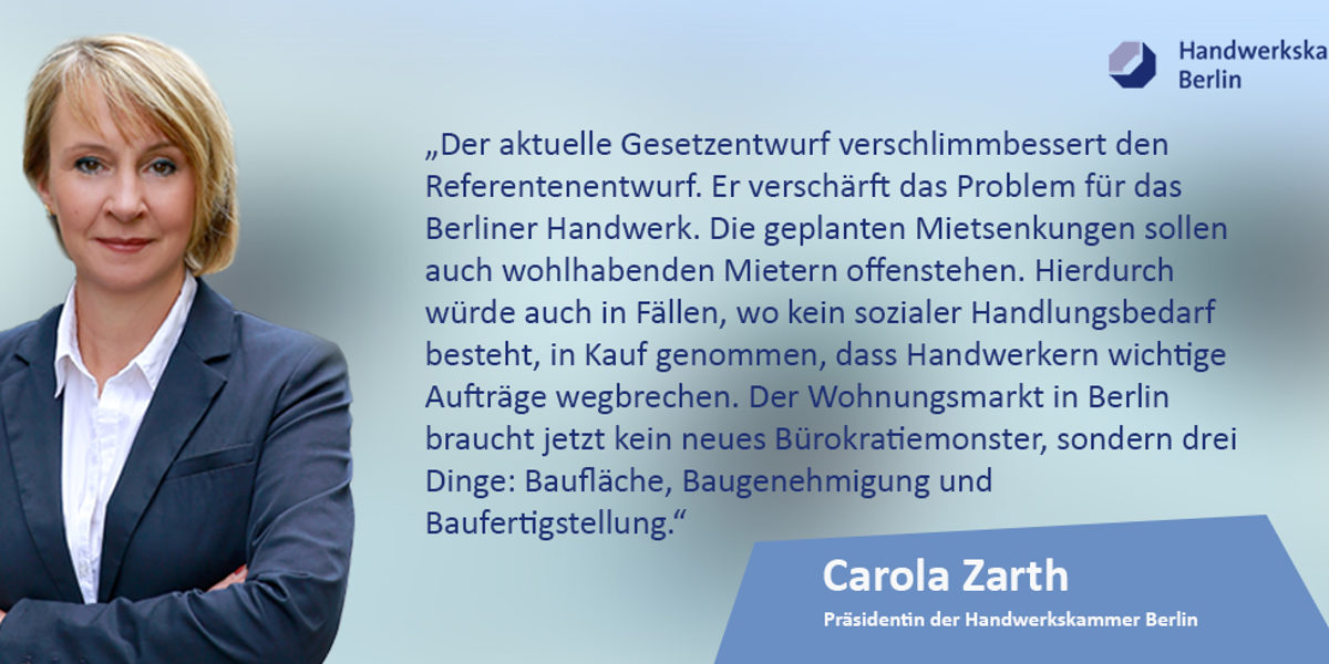 Mietendeckel, Berliner Handwerk, Handwerkskammer Berlin, Präsidentin, Statement