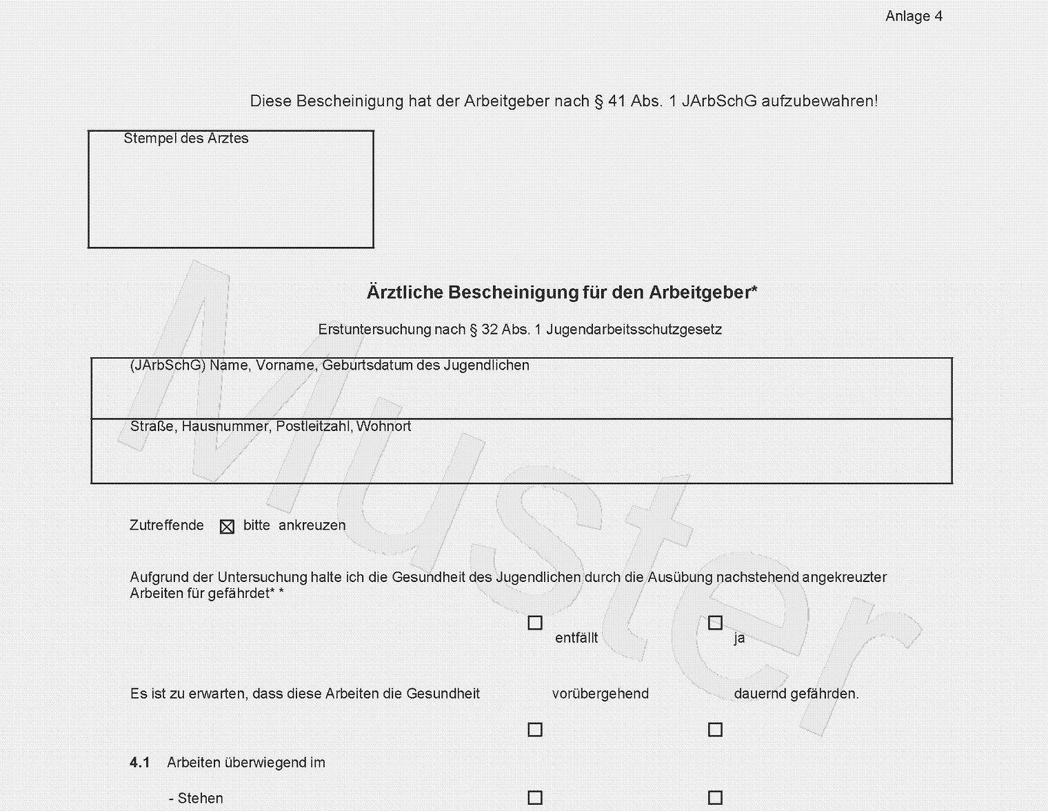 ärztliche Erstuntersuchungsbescheinigung gemäß Jugendarbeitsschutzgesetz (JArbSchG)