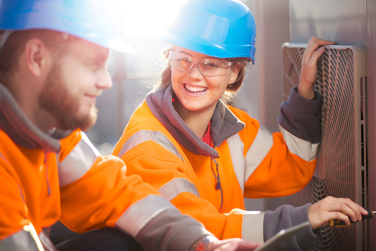 Handwerker, Mann, Frau, Arbeit, Gespräch, Baustelle