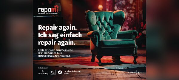 reparaturnetzwerk Plakat: Sessel und Aufschrift repami