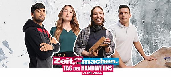 Vier junge Handwerker*innen und Text: Tag des Handwerks 2024: Zeit, zu machen